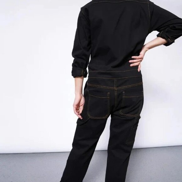 Wildfang Essential Long Sleeve Coverall Black Brushed Cotton Yellow Stitches - Picture 6 of 7